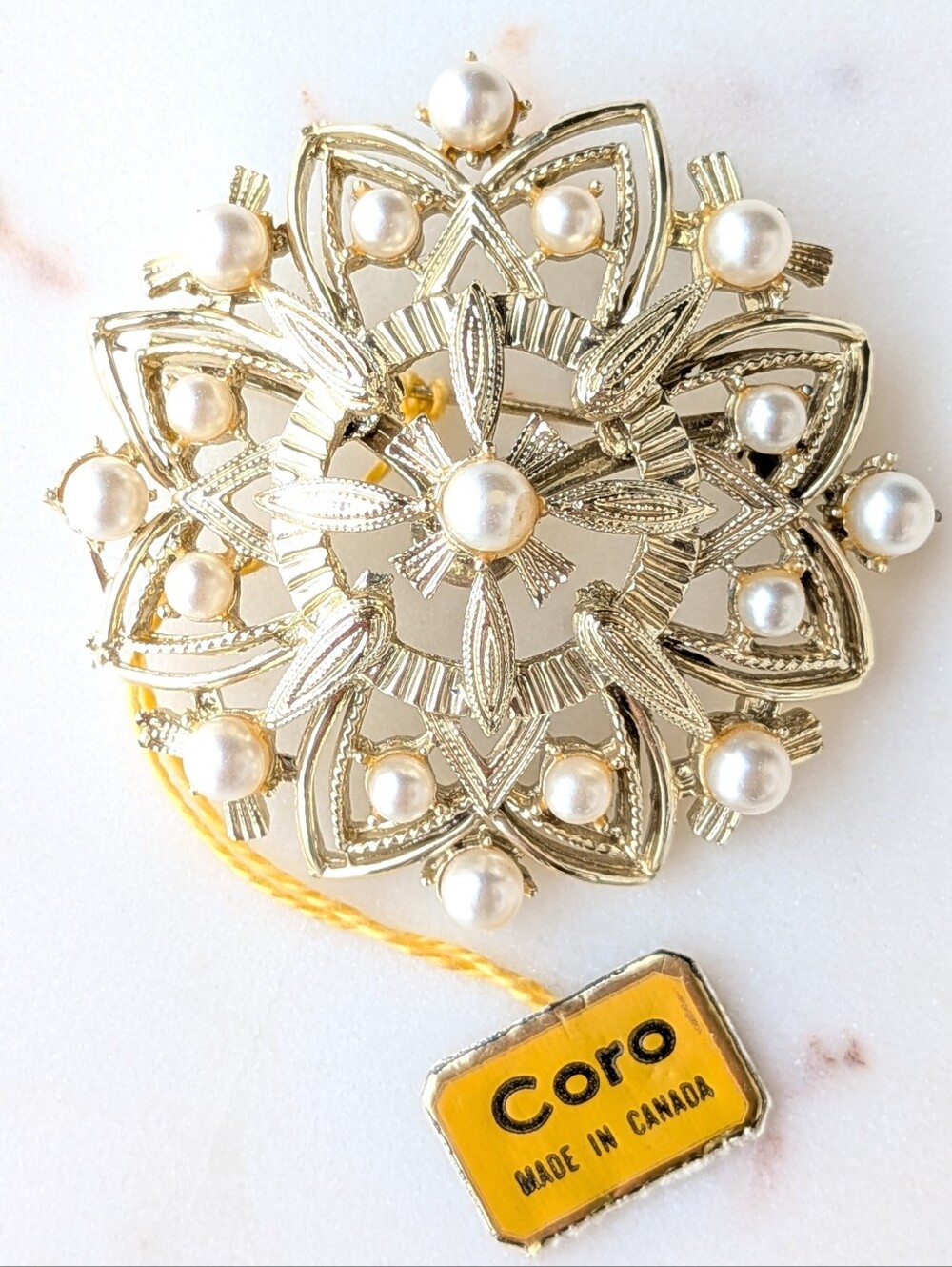 Vintage Coro Brooch Pin Original Tag Faux Pearl Gold Tone Mandala NWT